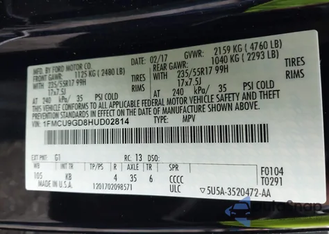 2017 Ford Escape Se from USA, damaged, VIN 1FMCU9GD8HUD02814